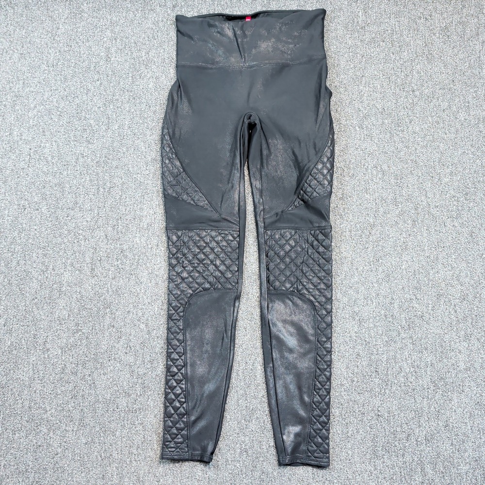 Spanx Moto Faux Leather Leggings M Black Quilted High Waisted Shaping Slimming